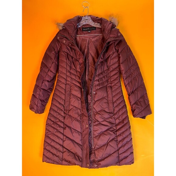 Andrew Marc Miranda Chevron Quilted Jacket Womens XS Burgundy Fur Trim Hood NWT - Picture 3 of 12